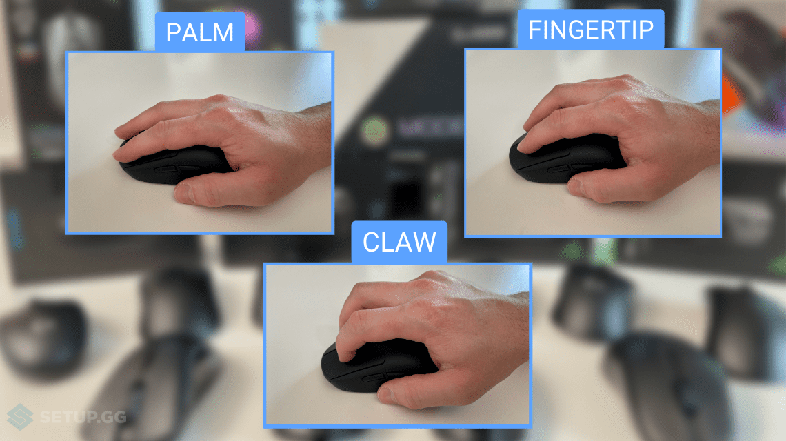演示了三种类型的 FPS 游戏鼠标握把：手掌式、指尖式和爪式